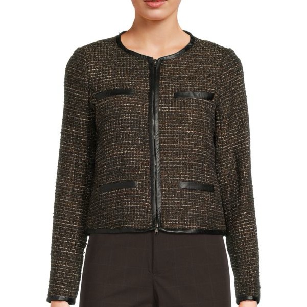 Ecru Tweed Zip Up Jacket With Black Leather Lining
